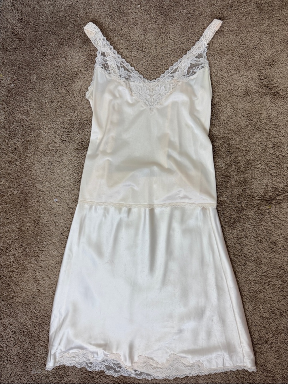 Vintage Maidenform Satin Slip Tank & Skirt Set Champagne Lace Trim Large USA